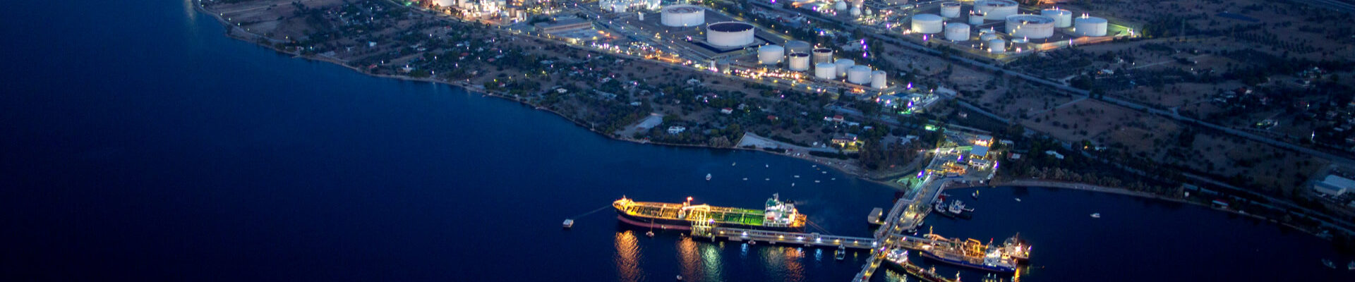 The illuminated Motor Oil oil refinery in Agios Theodoros, Corinth