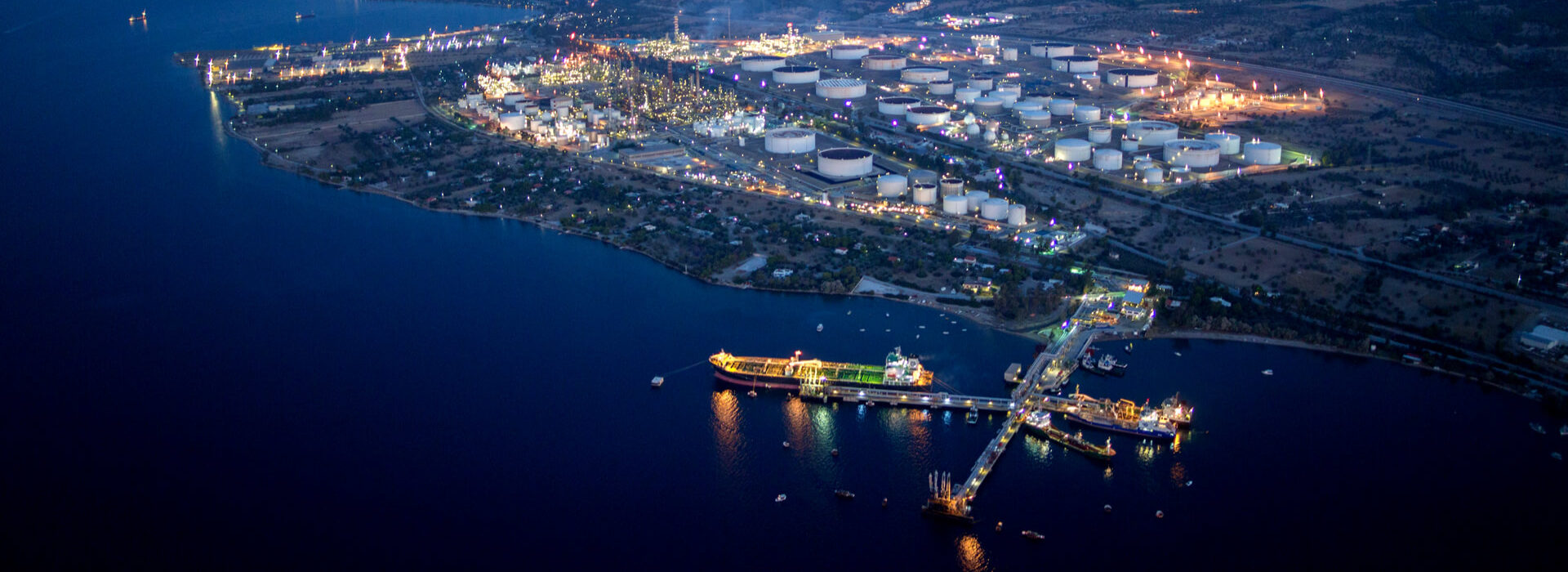 The illuminated Motor Oil oil refinery in Agios Theodoros, Corinth