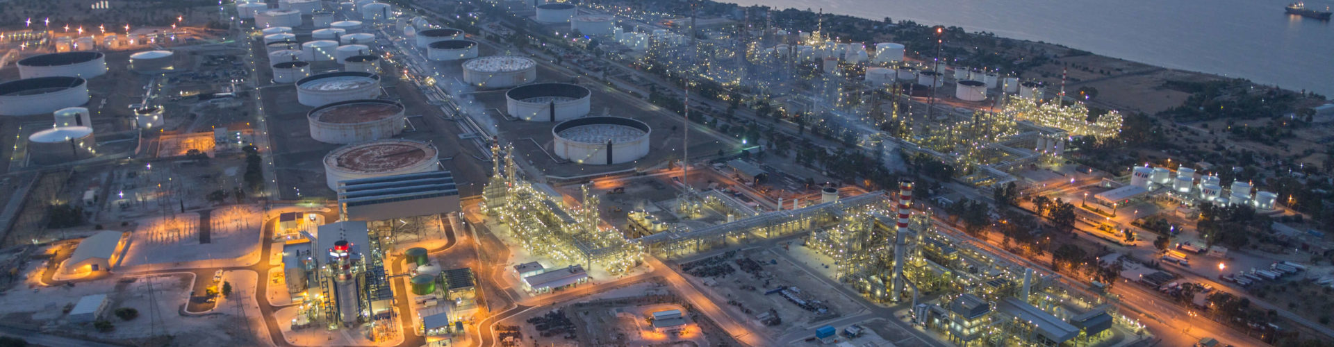 The illuminated Motor Oil oil refinery in Agios Theodoros, Corinth